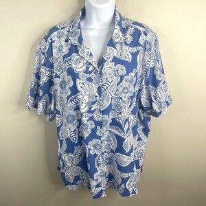 Erika Floral Camp Shirt Top Womens XLarge Blue Coastal Beachy Comfy Vacation
